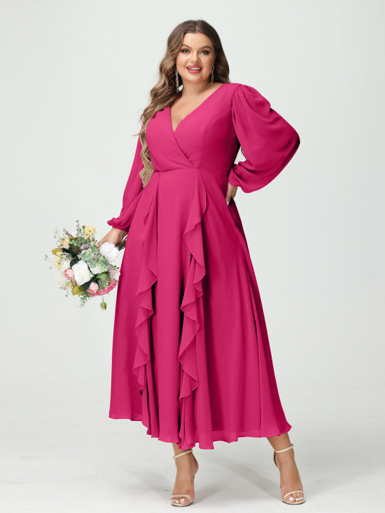 A-Line/Princess V-Neck Long Sleeves Chiffon Tea-Length Ruffles Plus Size Bridesmaid Dresses with Pockets Fuchsia