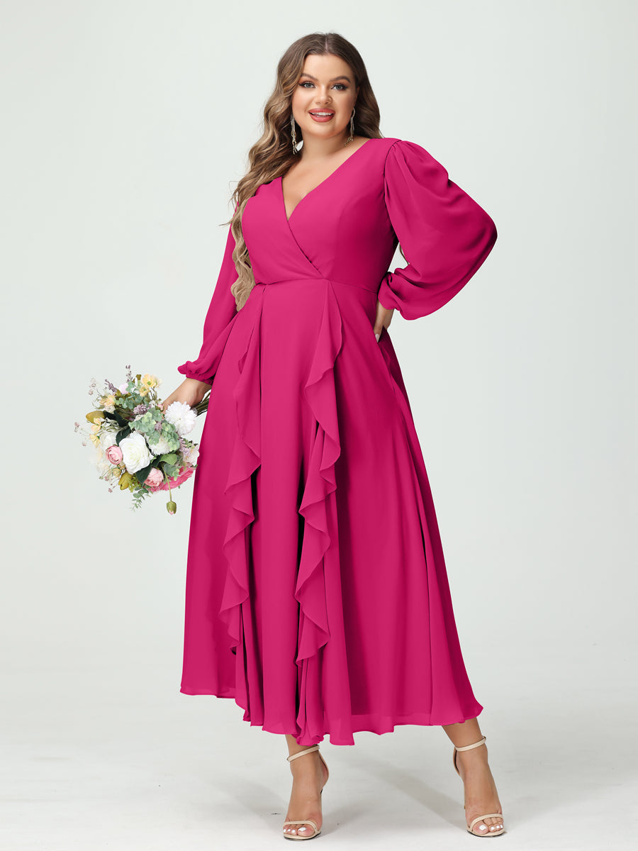 A-Line/Princess V-Neck Long Sleeves Chiffon Tea-Length Ruffles Plus Size Bridesmaid Dresses with Pockets Fuchsia Pink