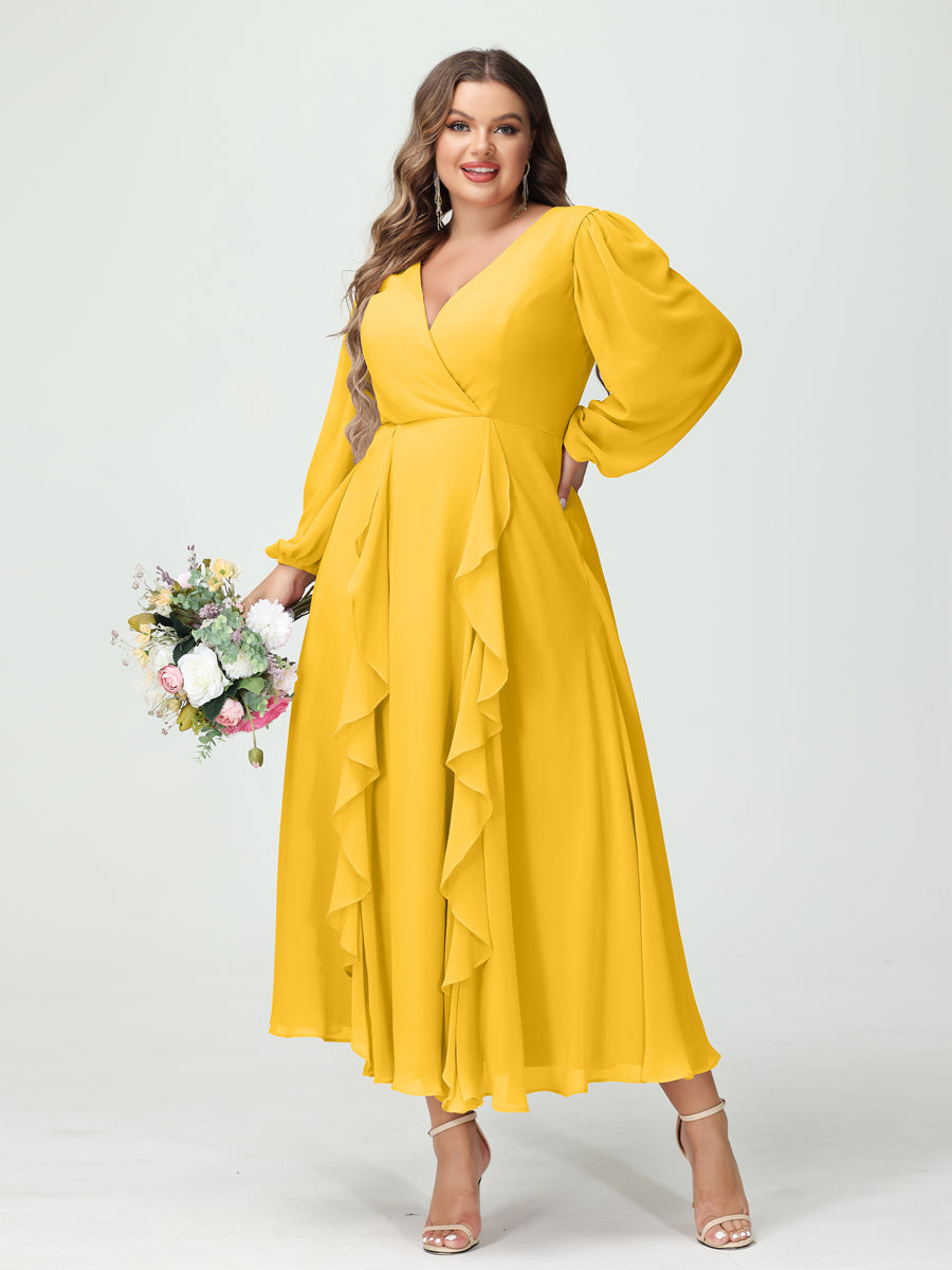 A-Line/Princess V-Neck Long Sleeves Chiffon Tea-Length Ruffles Plus Size Bridesmaid Dresses with Pockets Gold