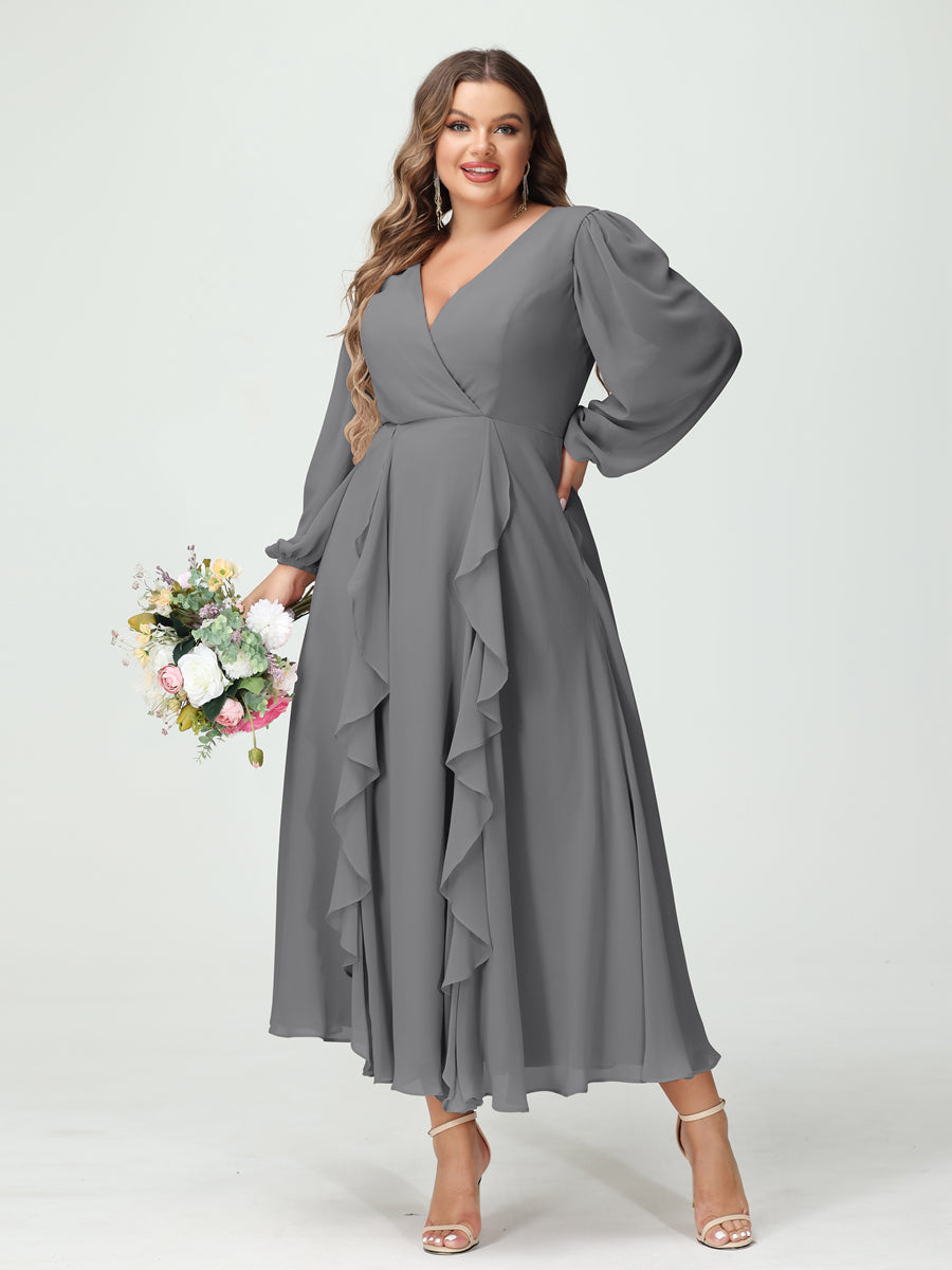 A-Line/Princess V-Neck Long Sleeves Chiffon Tea-Length Ruffles Plus Size Bridesmaid Dresses with Pockets Gray