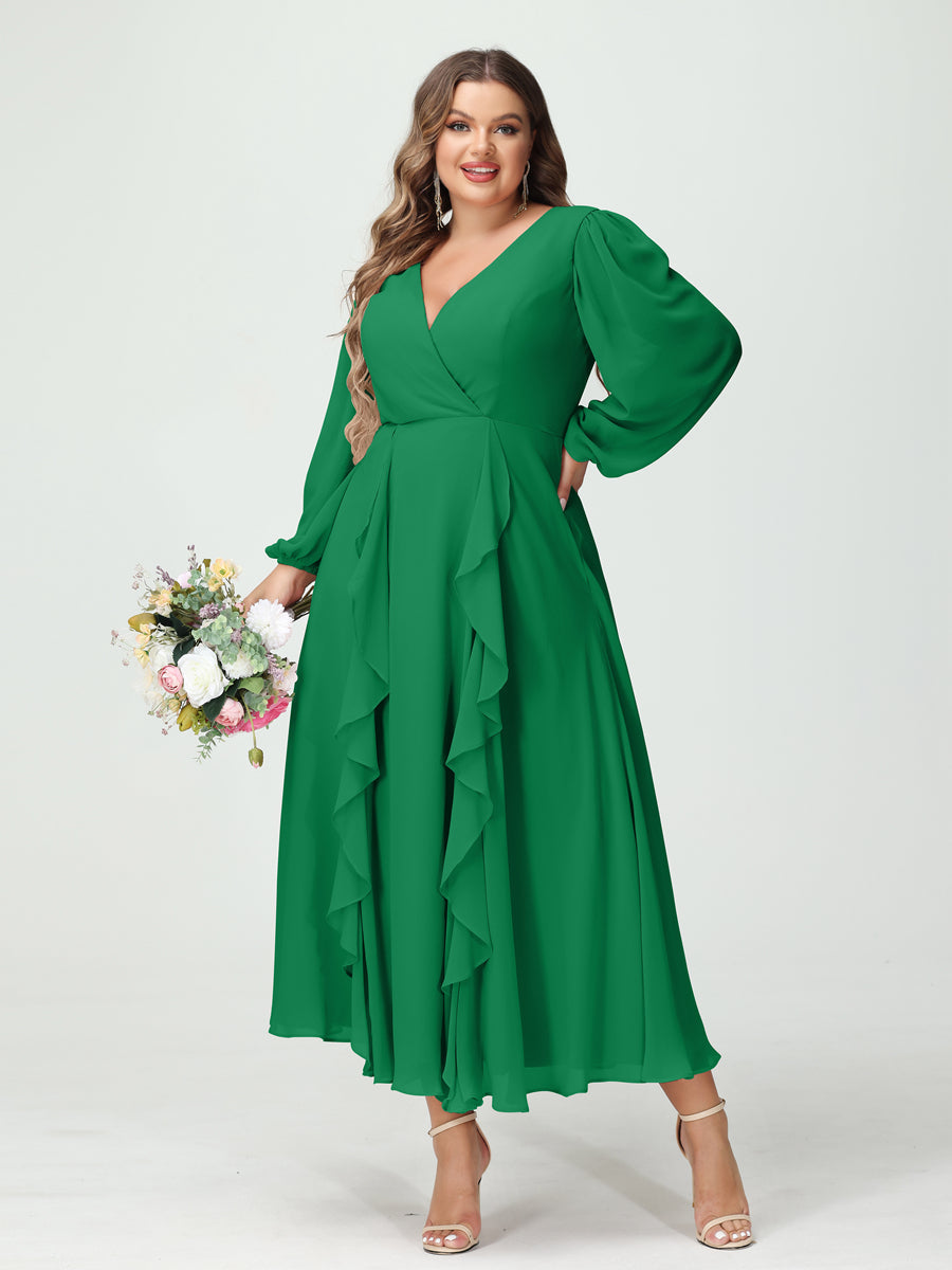 A-Line/Princess V-Neck Long Sleeves Chiffon Tea-Length Ruffles Plus Size Bridesmaid Dresses with Pockets Green
