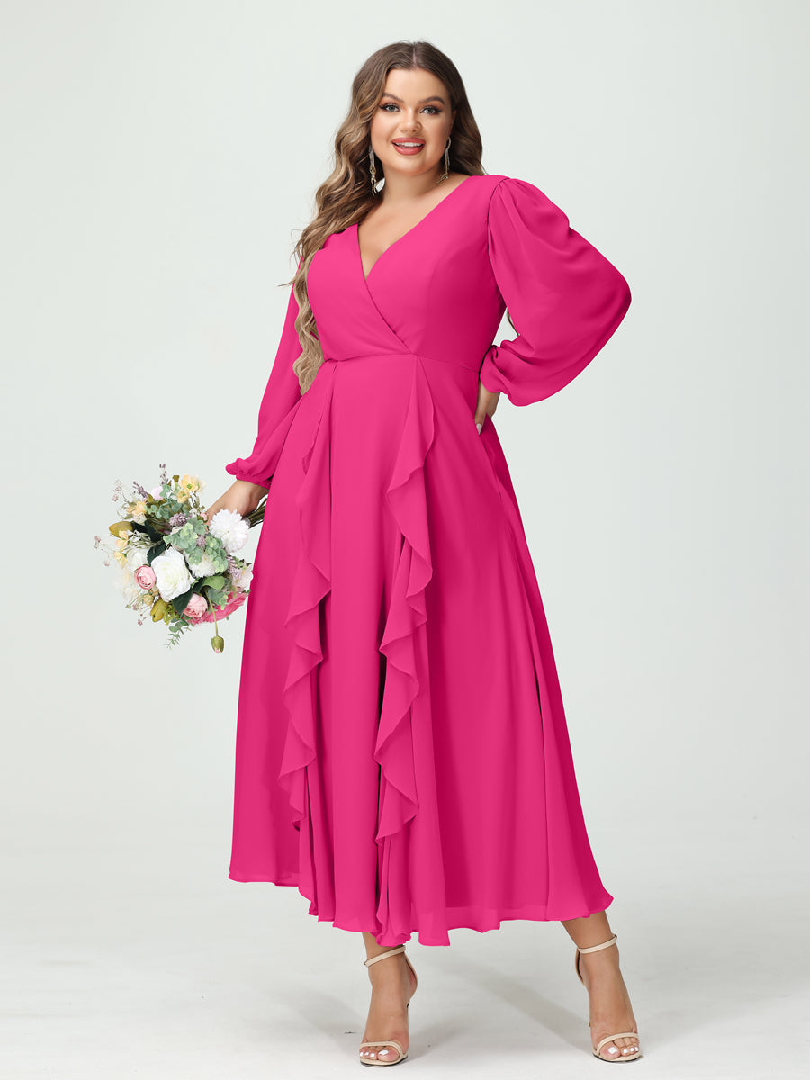 A-Line/Princess V-Neck Long Sleeves Chiffon Tea-Length Ruffles Plus Size Bridesmaid Dresses with Pockets Hot Pink