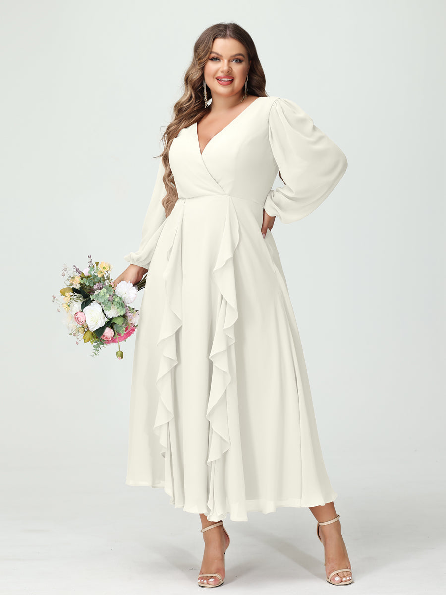 A-Line/Princess V-Neck Long Sleeves Chiffon Tea-Length Ruffles Plus Size Bridesmaid Dresses with Pockets Ivory