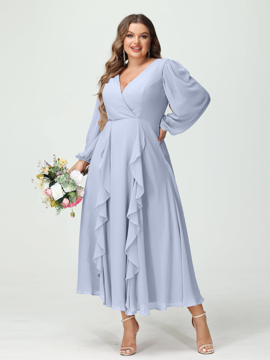 A-Line/Princess V-Neck Long Sleeves Chiffon Tea-Length Ruffles Plus Size Bridesmaid Dresses with Pockets Lavender