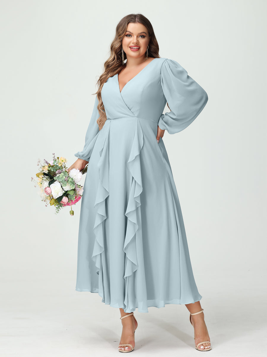 A-Line/Princess V-Neck Long Sleeves Chiffon Tea-Length Ruffles Plus Size Bridesmaid Dresses with Pockets Light Blue