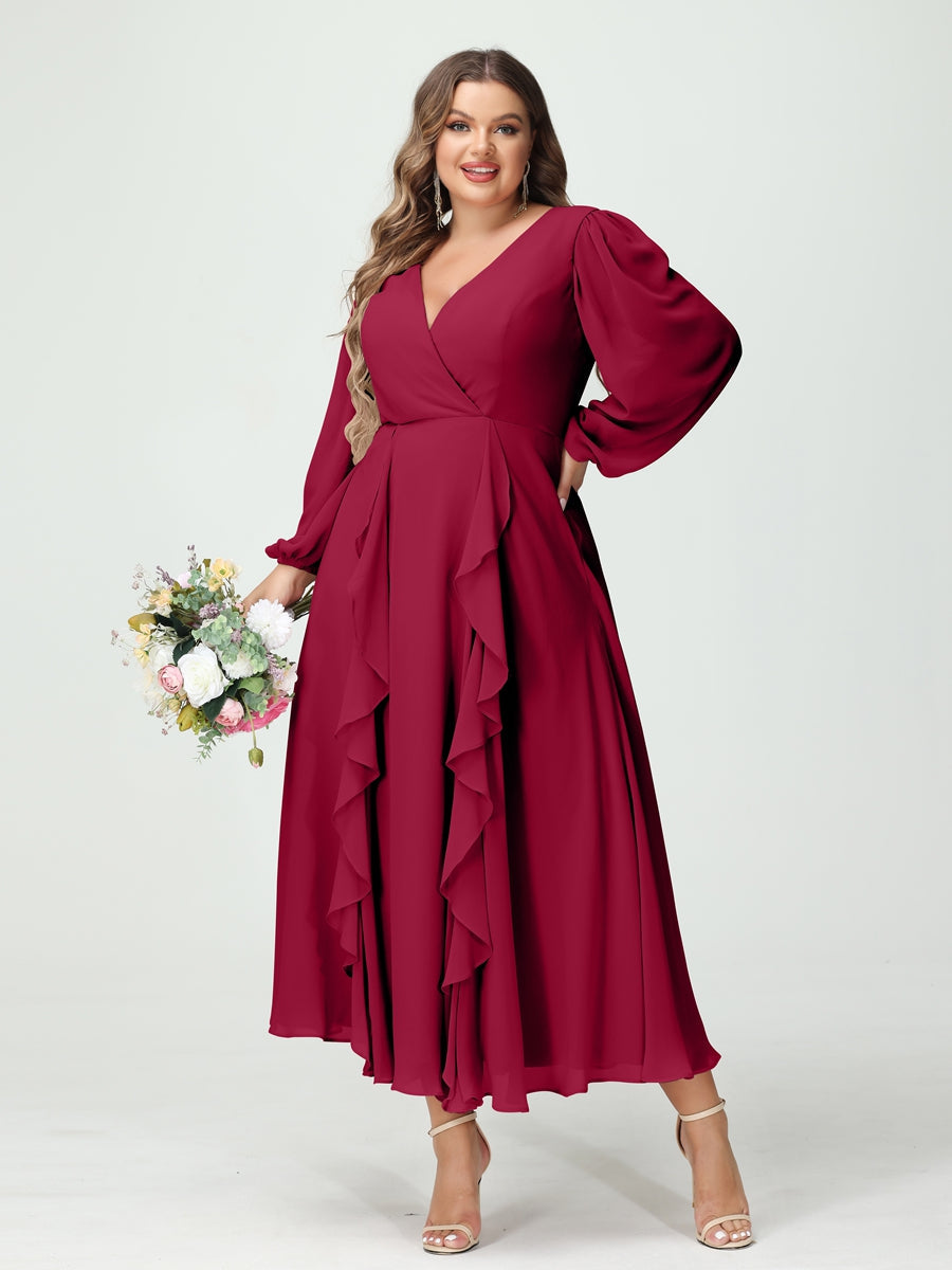 A-Line/Princess V-Neck Long Sleeves Chiffon Tea-Length Ruffles Plus Size Bridesmaid Dresses with Pockets Light Burgundy