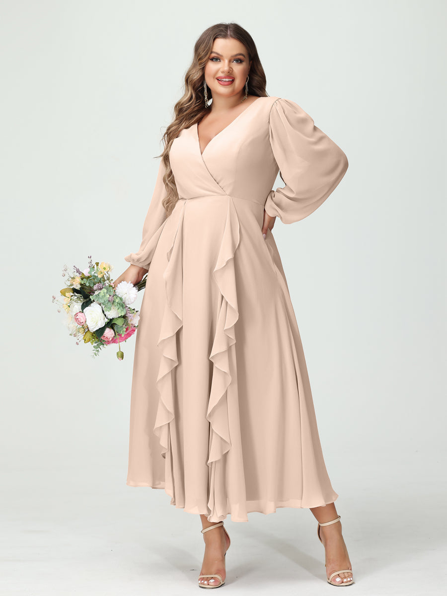 A-Line/Princess V-Neck Long Sleeves Chiffon Tea-Length Ruffles Plus Size Bridesmaid Dresses with Pockets Light Champagne