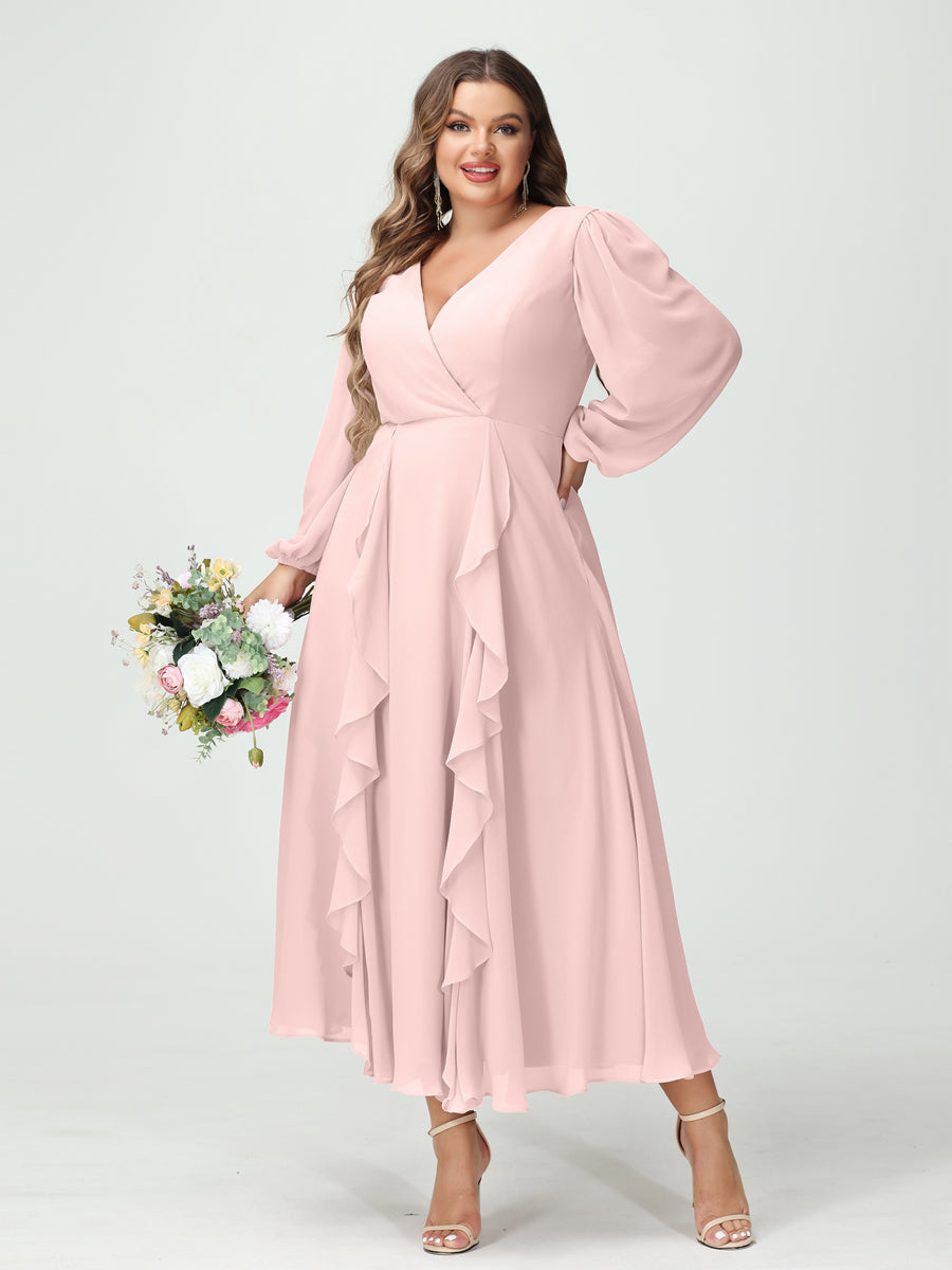 A-Line/Princess V-Neck Long Sleeves Chiffon Tea-Length Ruffles Plus Size Bridesmaid Dresses with Pockets Light Pink