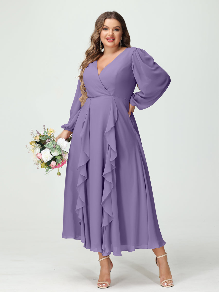 A-Line/Princess V-Neck Long Sleeves Chiffon Tea-Length Ruffles Plus Size Bridesmaid Dresses with Pockets Light Purple