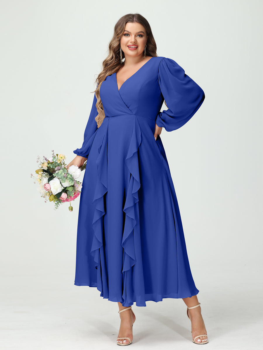 A-Line/Princess V-Neck Long Sleeves Chiffon Tea-Length Ruffles Plus Size Bridesmaid Dresses with Pockets Light Royal Blue