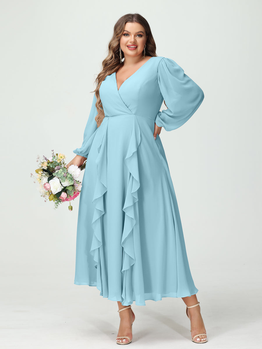 A-Line/Princess V-Neck Long Sleeves Chiffon Tea-Length Ruffles Plus Size Bridesmaid Dresses with Pockets Light Sky Blue