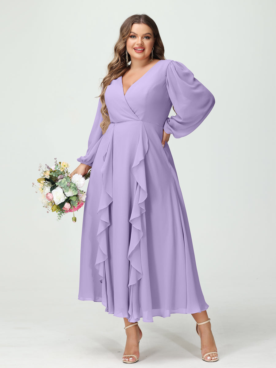 A-Line/Princess V-Neck Long Sleeves Chiffon Tea-Length Ruffles Plus Size Bridesmaid Dresses with Pockets Lilac