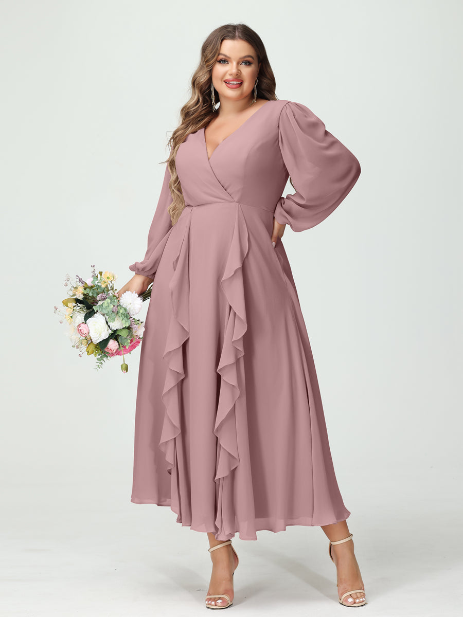 A-Line/Princess V-Neck Long Sleeves Chiffon Tea-Length Ruffles Plus Size Bridesmaid Dresses with Pockets Mauve