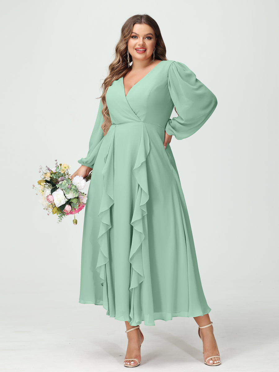 A-Line/Princess V-Neck Long Sleeves Chiffon Tea-Length Ruffles Plus Size Bridesmaid Dresses with Pockets Mint Green