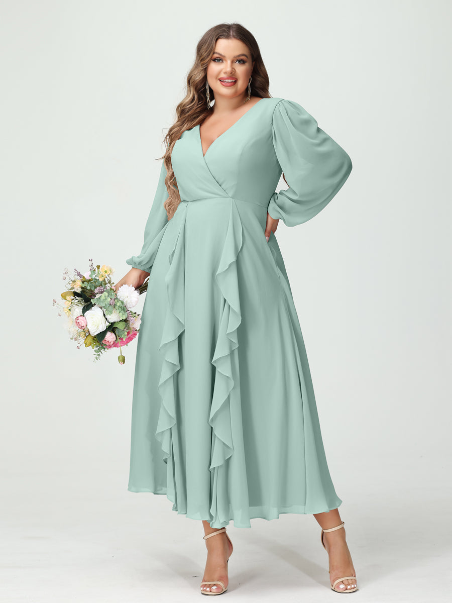 A-Line/Princess V-Neck Long Sleeves Chiffon Tea-Length Ruffles Plus Size Bridesmaid Dresses with Pockets Mist Blue