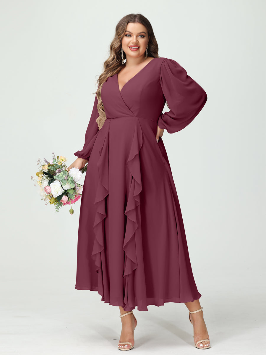 A-Line/Princess V-Neck Long Sleeves Chiffon Tea-Length Ruffles Plus Size Bridesmaid Dresses with Pockets Mulberry