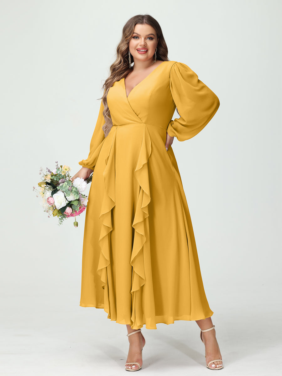 A-Line/Princess V-Neck Long Sleeves Chiffon Tea-Length Ruffles Plus Size Bridesmaid Dresses with Pockets Mustard Yellow