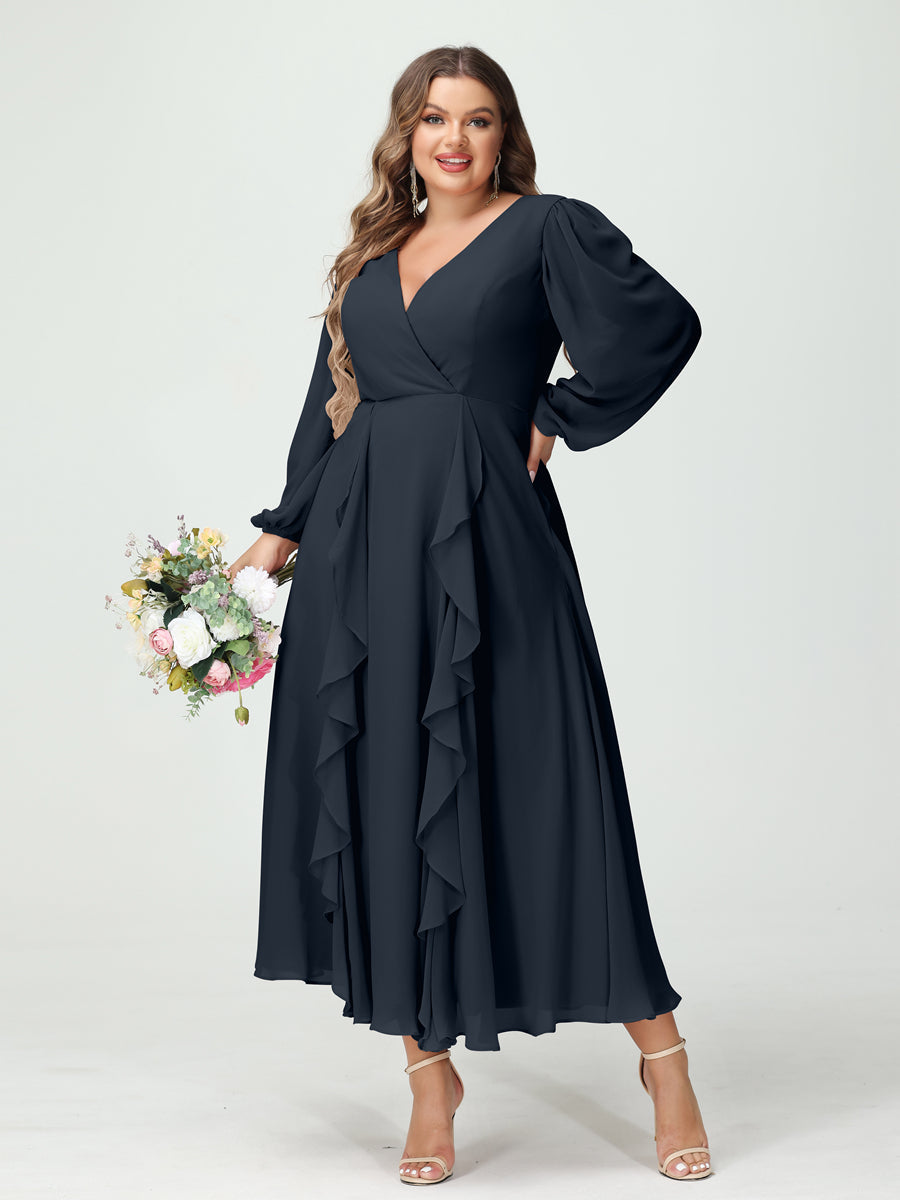 A-Line/Princess V-Neck Long Sleeves Chiffon Tea-Length Ruffles Plus Size Bridesmaid Dresses with Pockets Navy Blue