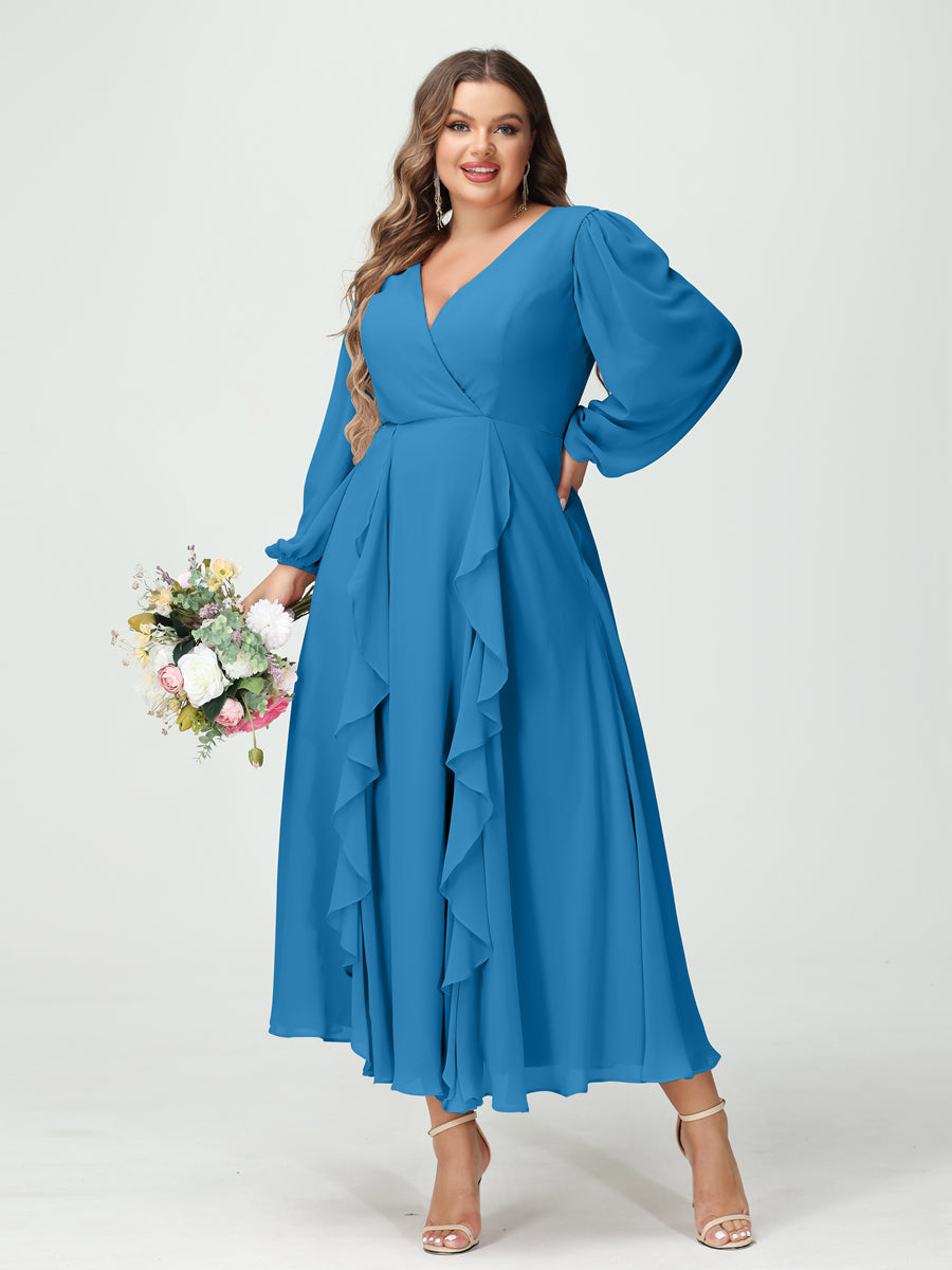 A-Line/Princess V-Neck Long Sleeves Chiffon Tea-Length Ruffles Plus Size Bridesmaid Dresses with Pockets Ocean Blue