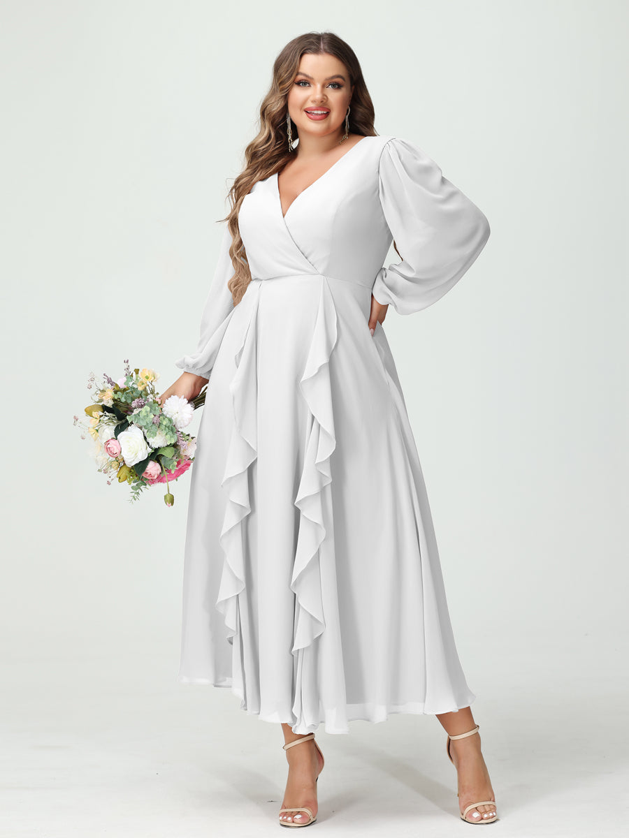 A-Line/Princess V-Neck Long Sleeves Chiffon Tea-Length Ruffles Plus Size Bridesmaid Dresses with Pockets Off White