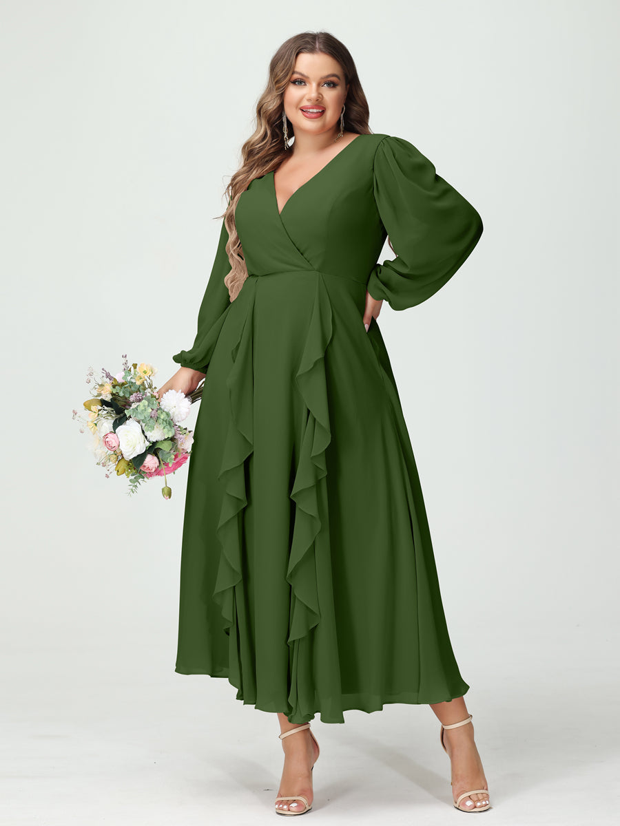 A-Line/Princess V-Neck Long Sleeves Chiffon Tea-Length Ruffles Plus Size Bridesmaid Dresses with Pockets Olive Green