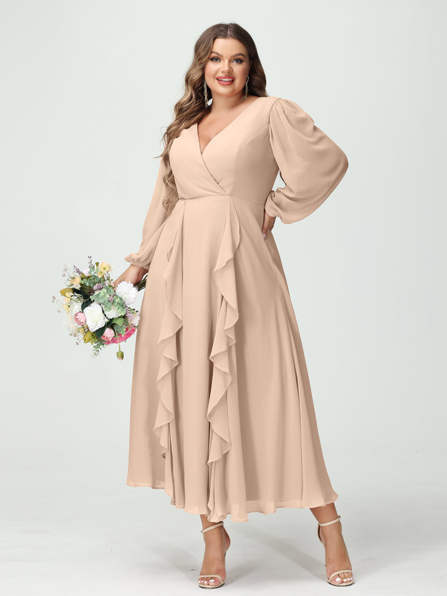 A-Line/Princess V-Neck Long Sleeves Chiffon Tea-Length Ruffles Plus Size Bridesmaid Dresses with Pockets Peach Pink