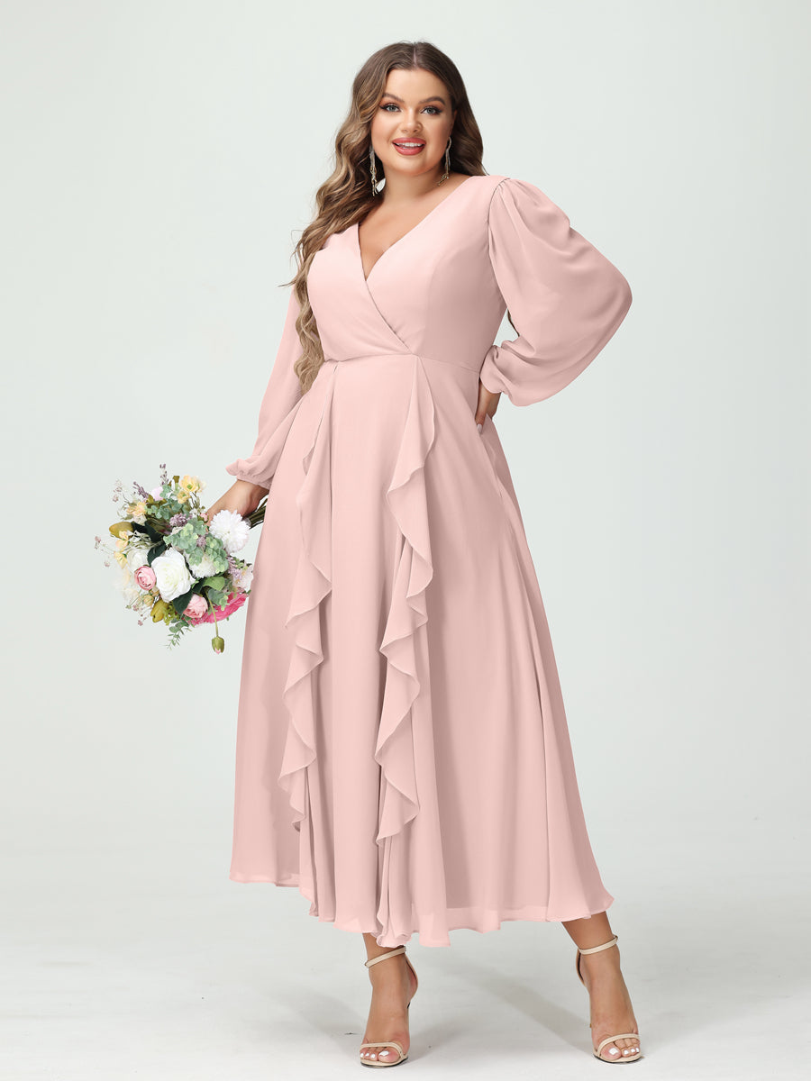 A-Line/Princess V-Neck Long Sleeves Chiffon Tea-Length Ruffles Plus Size Bridesmaid Dresses with Pockets Pearl Pink