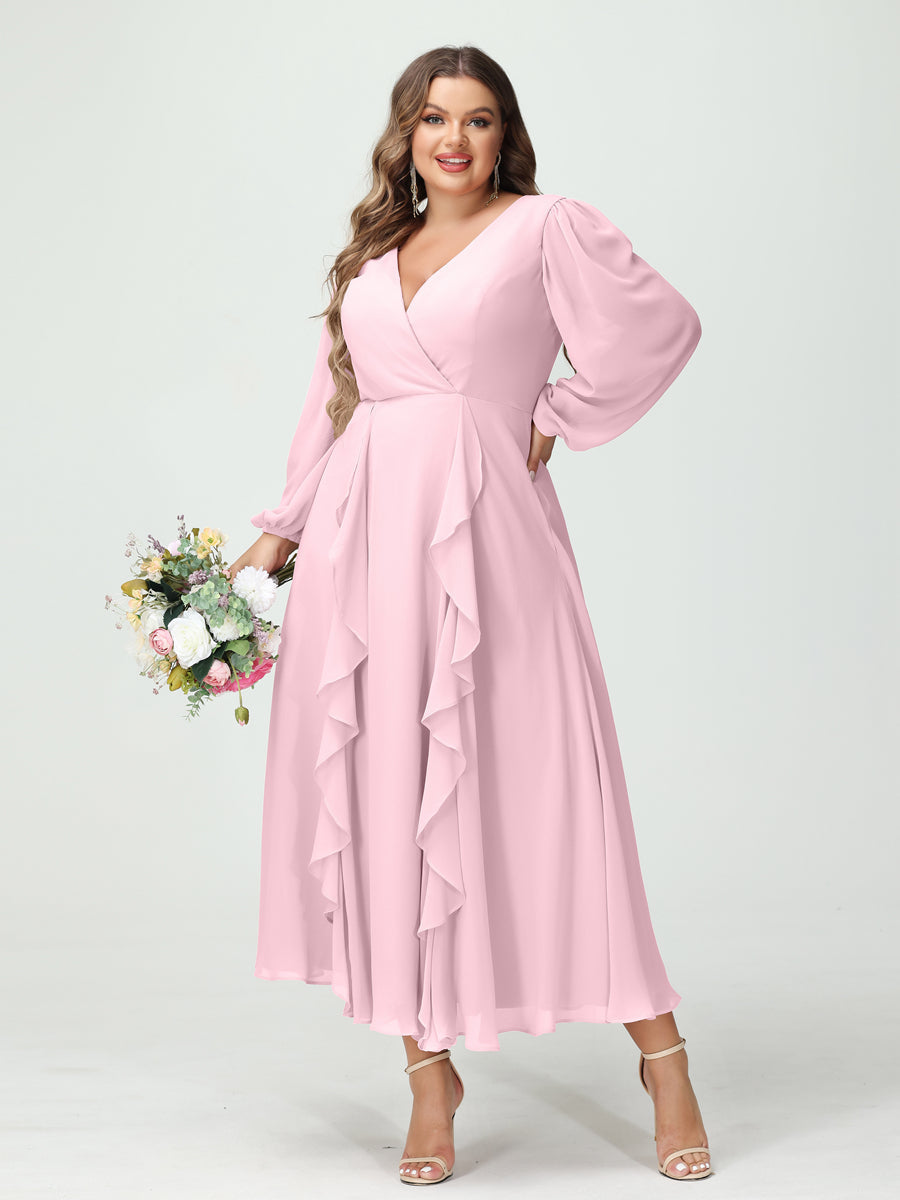 A-Line/Princess V-Neck Long Sleeves Chiffon Tea-Length Ruffles Plus Size Bridesmaid Dresses with Pockets Pink
