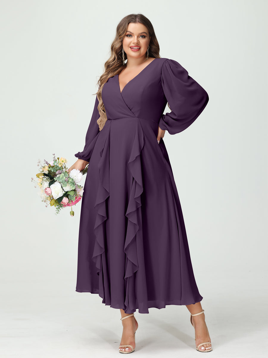 A-Line/Princess V-Neck Long Sleeves Chiffon Tea-Length Ruffles Plus Size Bridesmaid Dresses with Pockets Plum