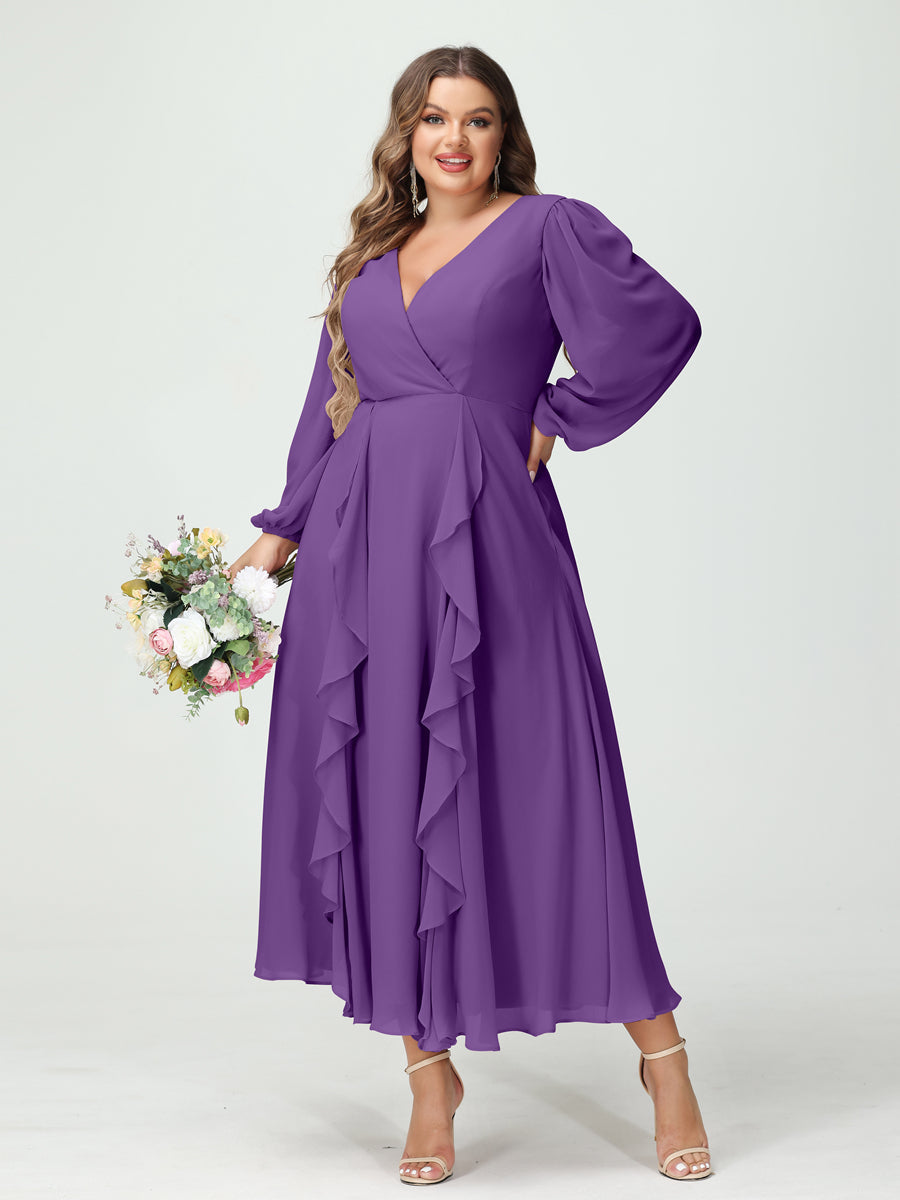 A-Line/Princess V-Neck Long Sleeves Chiffon Tea-Length Ruffles Plus Size Bridesmaid Dresses with Pockets Purple