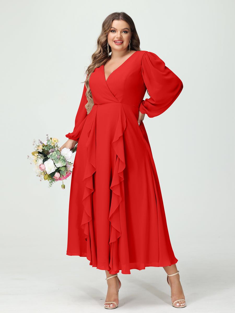 A-Line/Princess V-Neck Long Sleeves Chiffon Tea-Length Ruffles Plus Size Bridesmaid Dresses with Pockets Red
