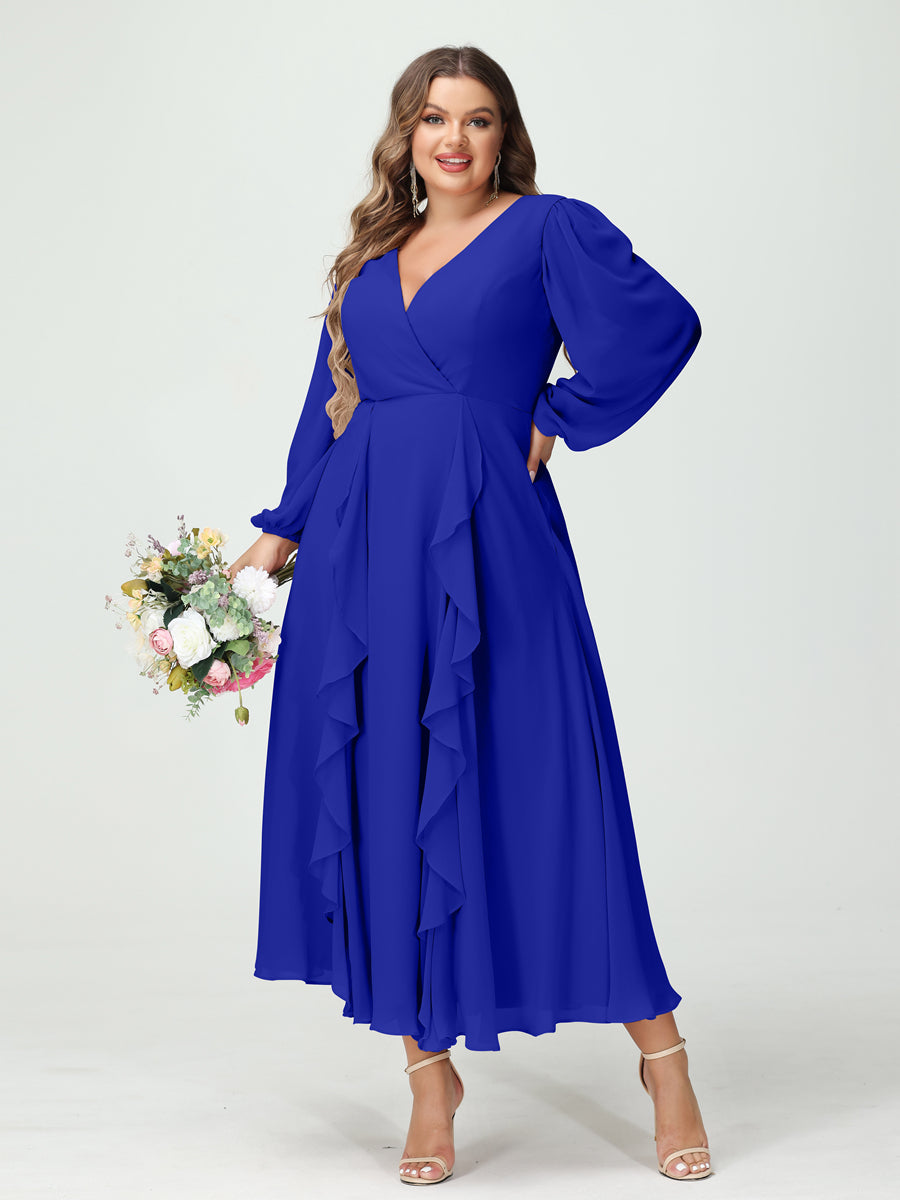 A-Line/Princess V-Neck Long Sleeves Chiffon Tea-Length Ruffles Plus Size Bridesmaid Dresses with Pockets Royal Blue