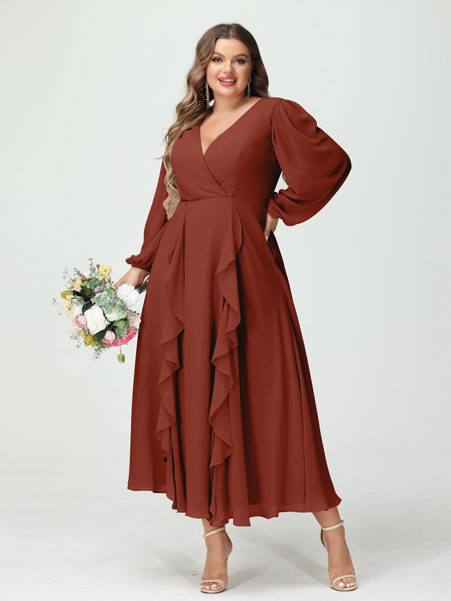 A-Line/Princess V-Neck Long Sleeves Chiffon Tea-Length Ruffles Plus Size Bridesmaid Dresses with Pockets Rust
