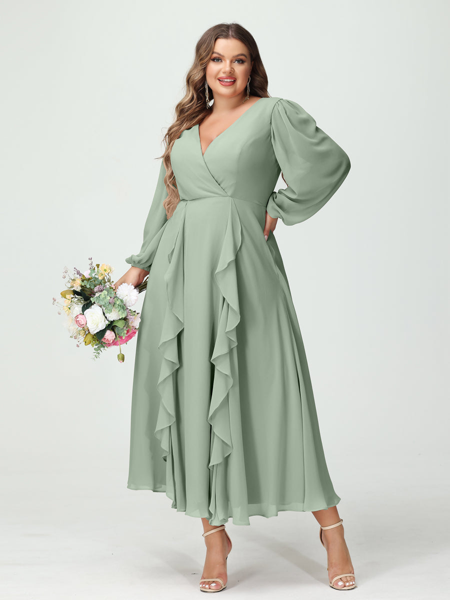 A-Line/Princess V-Neck Long Sleeves Chiffon Tea-Length Ruffles Plus Size Bridesmaid Dresses with Pockets Sage