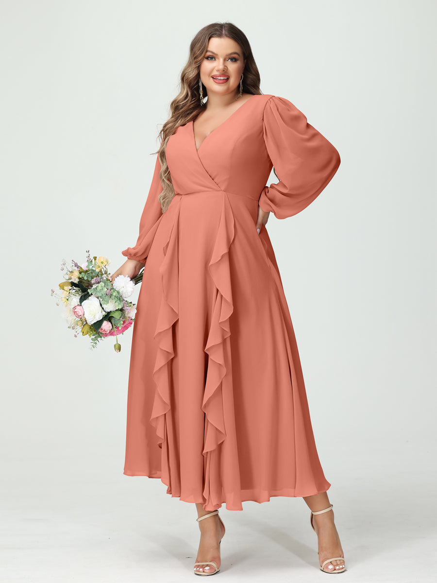 A-Line/Princess V-Neck Long Sleeves Chiffon Tea-Length Ruffles Plus Size Bridesmaid Dresses with Pockets Salmon