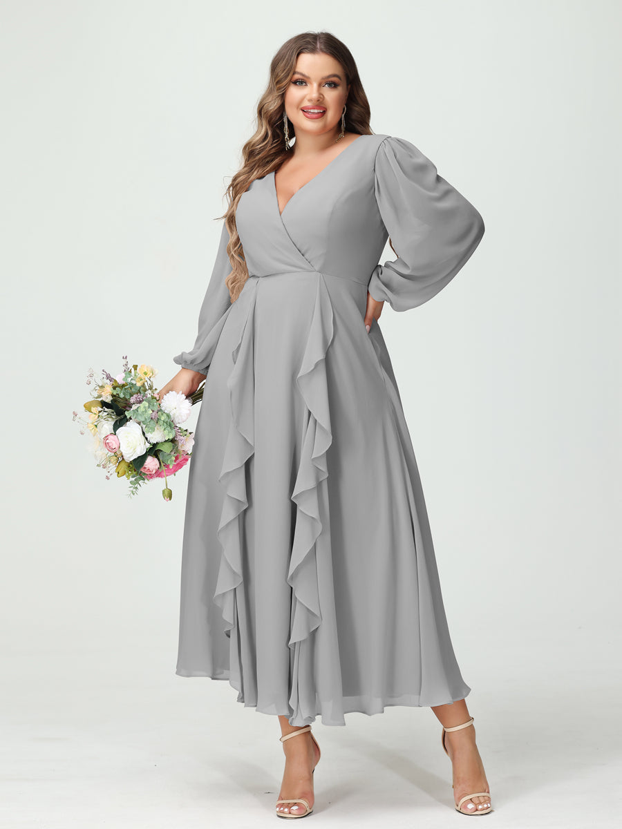 A-Line/Princess V-Neck Long Sleeves Chiffon Tea-Length Ruffles Plus Size Bridesmaid Dresses with Pockets Silver