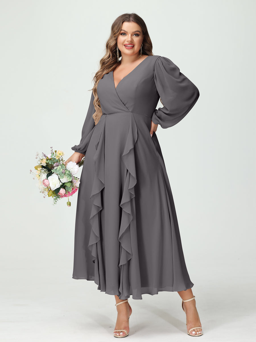 A-Line/Princess V-Neck Long Sleeves Chiffon Tea-Length Ruffles Plus Size Bridesmaid Dresses with Pockets Silver Gray