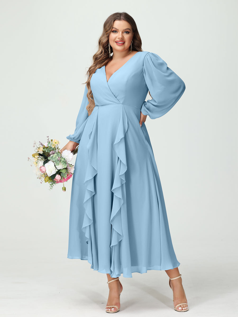 A-Line/Princess V-Neck Long Sleeves Chiffon Tea-Length Ruffles Plus Size Bridesmaid Dresses with Pockets Sky Blue