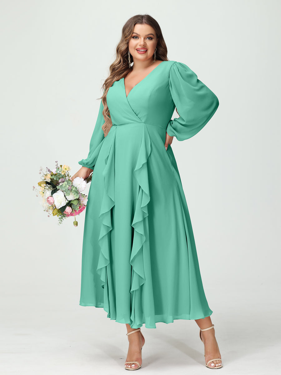 A-Line/Princess V-Neck Long Sleeves Chiffon Tea-Length Ruffles Plus Size Bridesmaid Dresses with Pockets Spa
