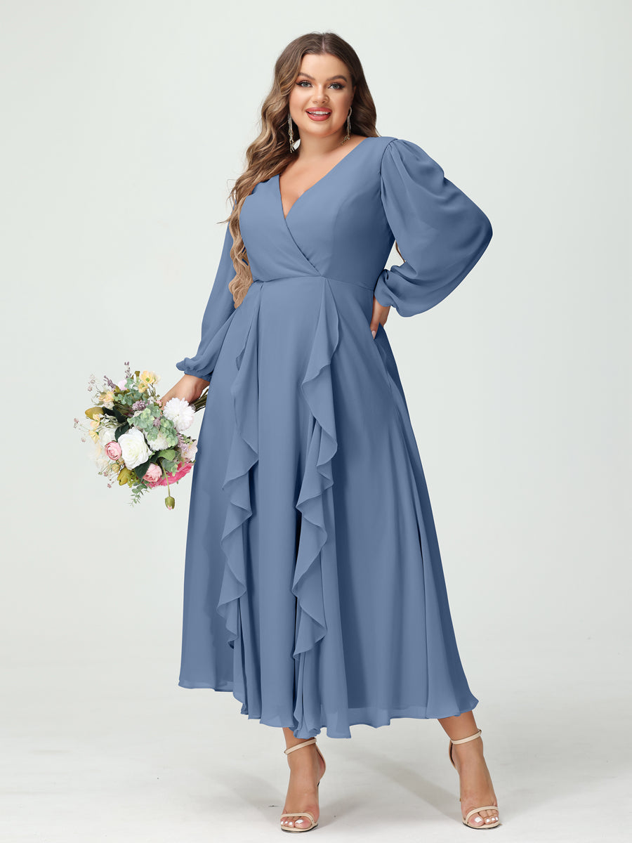 A-Line/Princess V-Neck Long Sleeves Chiffon Tea-Length Ruffles Plus Size Bridesmaid Dresses with Pockets Steel Blue
