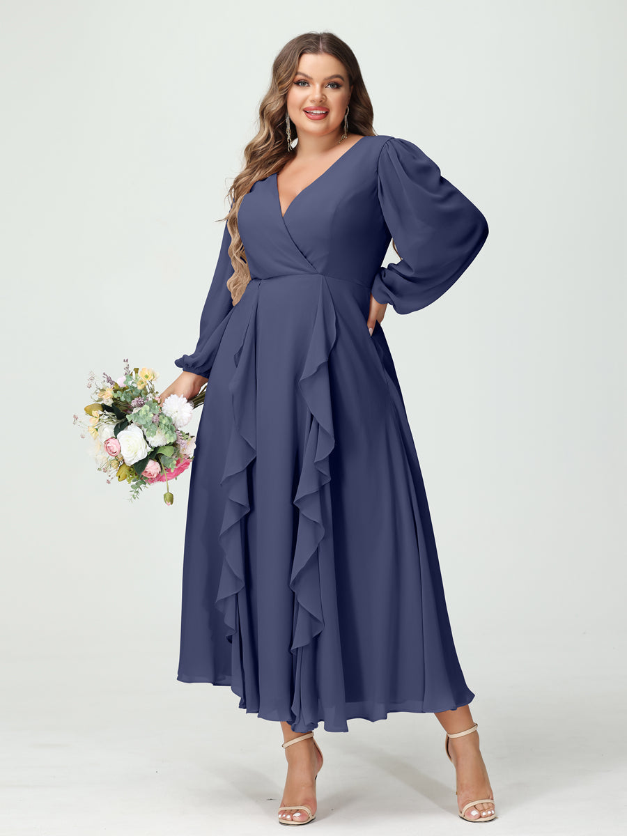 A-Line/Princess V-Neck Long Sleeves Chiffon Tea-Length Ruffles Plus Size Bridesmaid Dresses with Pockets Stormy Blue