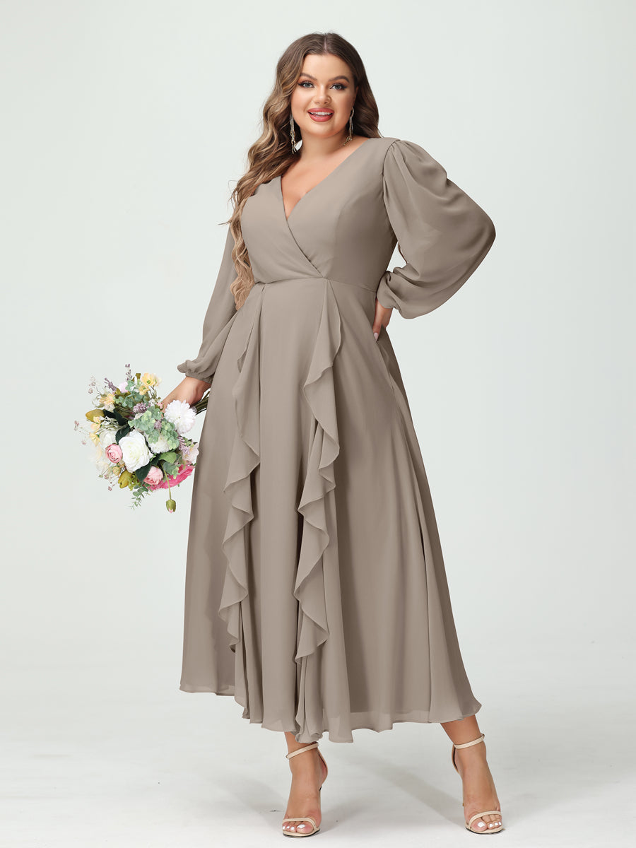A-Line/Princess V-Neck Long Sleeves Chiffon Tea-Length Ruffles Plus Size Bridesmaid Dresses with Pockets Taupe