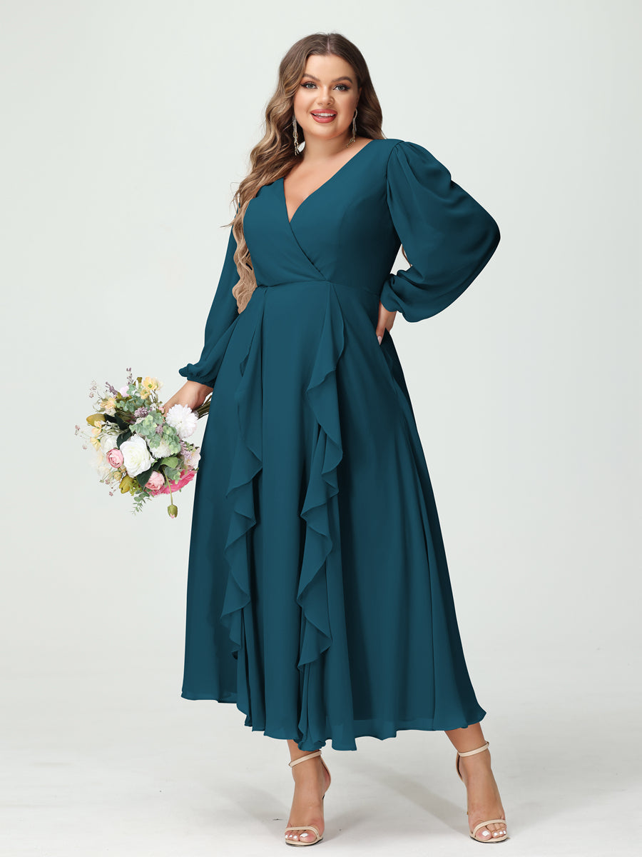 A-Line/Princess V-Neck Long Sleeves Chiffon Tea-Length Ruffles Plus Size Bridesmaid Dresses with Pockets Teal