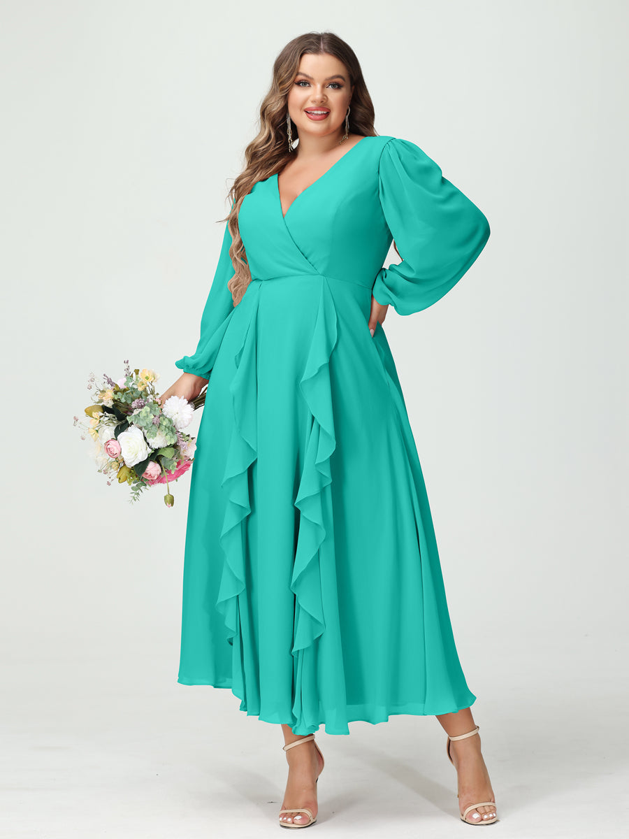 A-Line/Princess V-Neck Long Sleeves Chiffon Tea-Length Ruffles Plus Size Bridesmaid Dresses with Pockets Turquoise