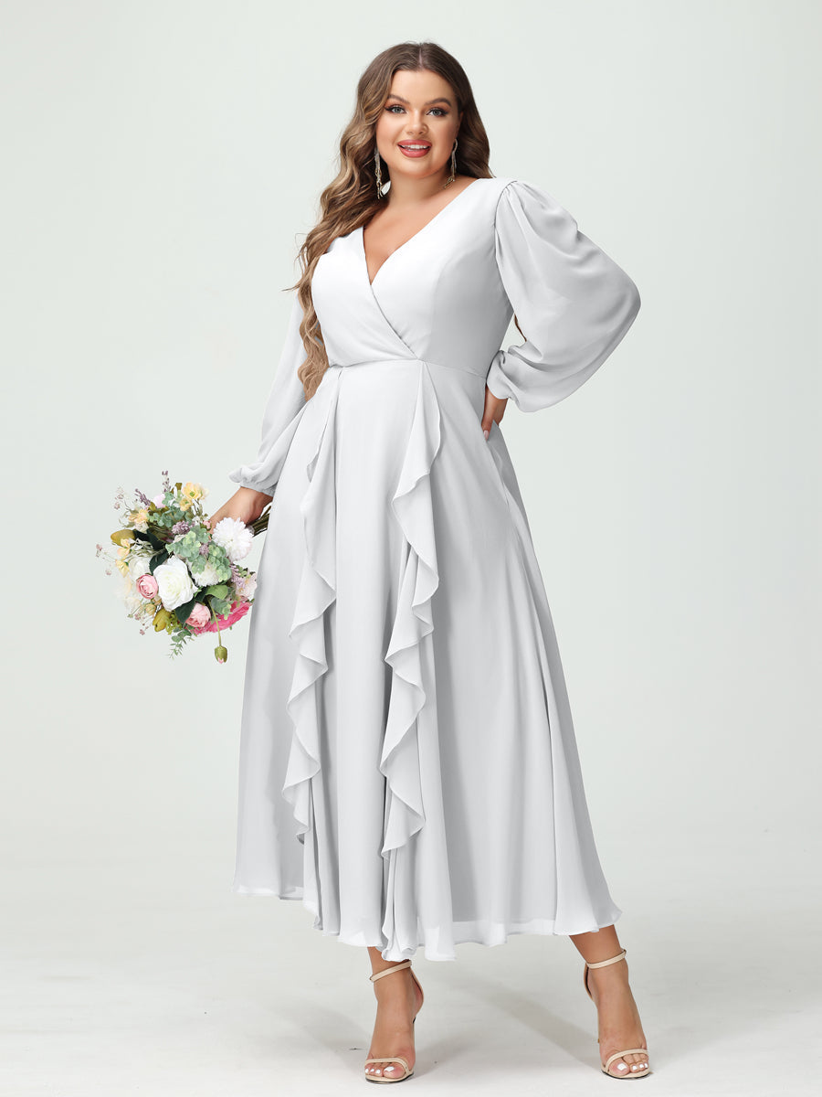 A-Line/Princess V-Neck Long Sleeves Chiffon Tea-Length Ruffles Plus Size Bridesmaid Dresses with Pockets White