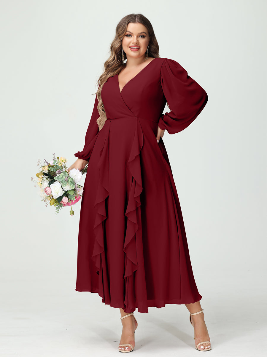 A-Line/Princess V-Neck Long Sleeves Chiffon Tea-Length Ruffles Plus Size Bridesmaid Dresses with Pockets Wine Red