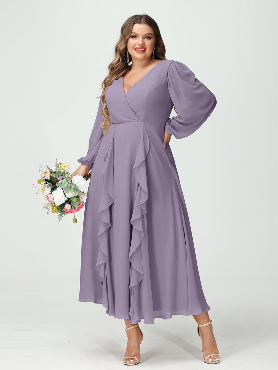 A-Line/Princess V-Neck Long Sleeves Chiffon Tea-Length Ruffles Plus Size Bridesmaid Dresses with Pockets Wisteria