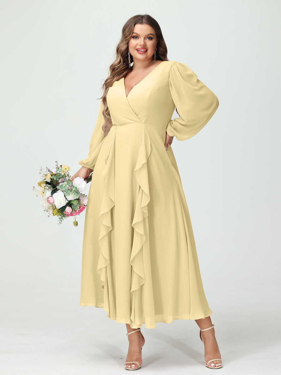A-Line/Princess V-Neck Long Sleeves Chiffon Tea-Length Ruffles Plus Size Bridesmaid Dresses with Pockets Yellow