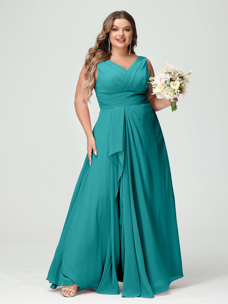 A-Line/Princess V-Neck Sleeveless Chiffon Ruffles Plus Size Bridesmaid Dresses with Pockets Aqua Blue