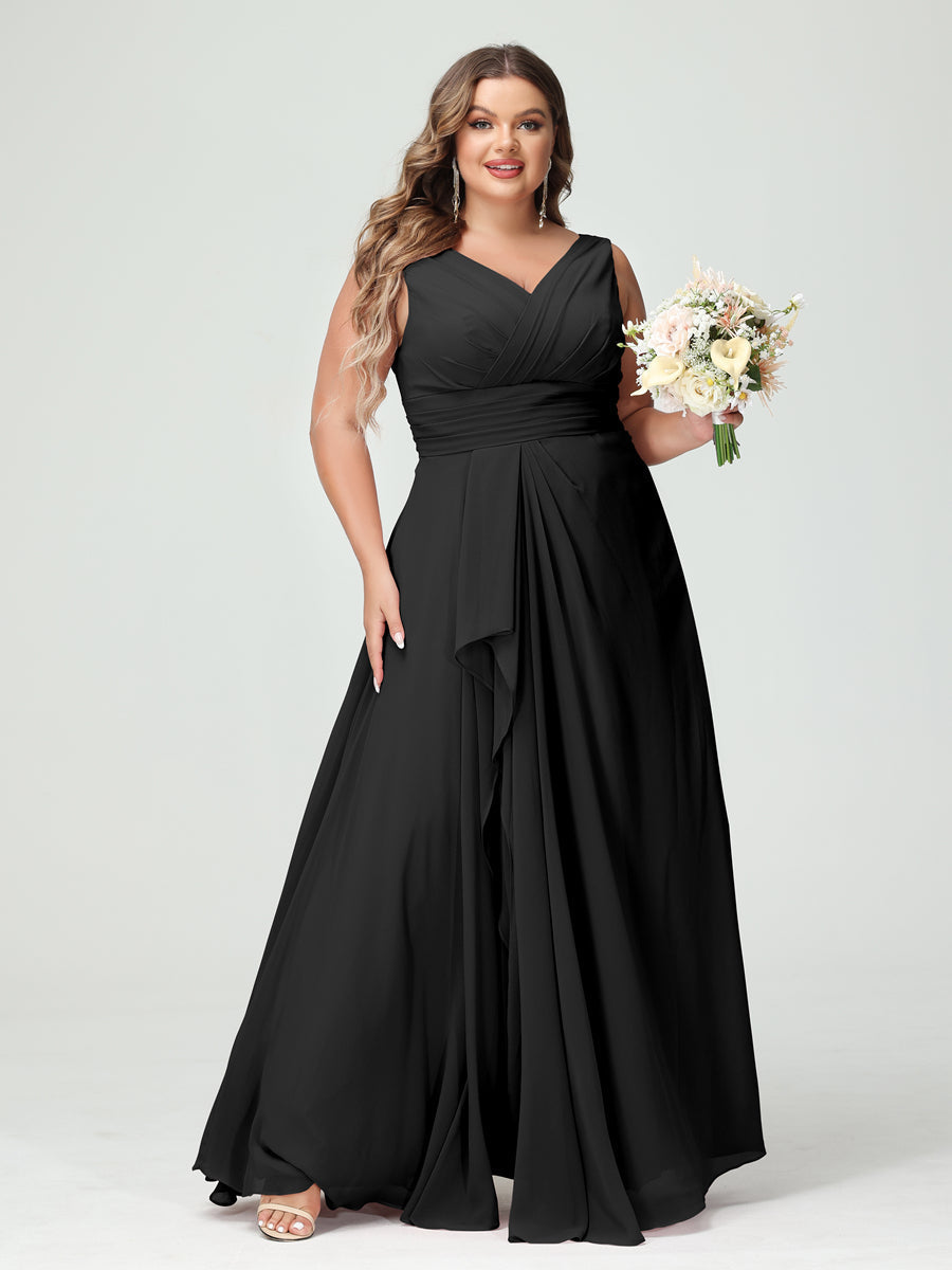 A-Line/Princess V-Neck Sleeveless Chiffon Ruffles Plus Size Bridesmaid Dresses with Pockets Black